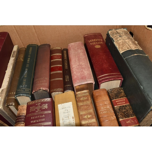 384 - Two Boxes of Books and Maps containing over thirty-five book titles, many leather bound, dating from... 