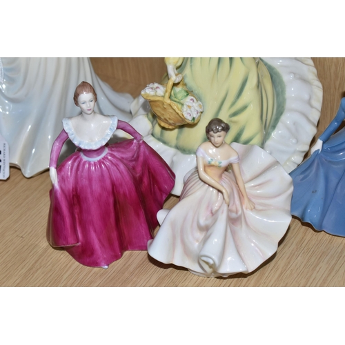 417 - A GROUP OF PORCELAIN FIGURES, comprising a Royal Doulton April HN3693, a Coalport Ladies of Fashion ... 