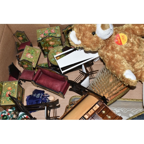 423 - A BOX OF DOLLS HOUSE FURNITURE, AN ARMAND MARSEILLE DOLL, AND A STEIFF BEAR to include a quantity of... 