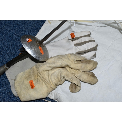 424 - A BOX OF FENCING EQUIPMENT comprising two foils marked Leon Paul No. 5, a Leon Paul guard, two glove... 