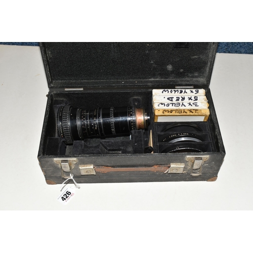 426 - A BOXED VINTAGE ANGENIEUX CAMERA LENS a zoom type 10 x 12 b No. 1152297 1:2.2 with five Leech colour... 