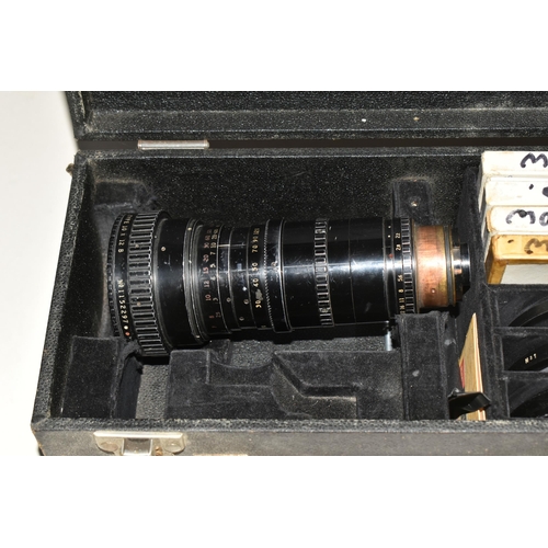 426 - A BOXED VINTAGE ANGENIEUX CAMERA LENS a zoom type 10 x 12 b No. 1152297 1:2.2 with five Leech colour... 