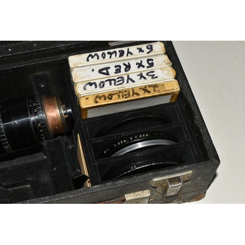 426 - A BOXED VINTAGE ANGENIEUX CAMERA LENS a zoom type 10 x 12 b No. 1152297 1:2.2 with five Leech colour... 