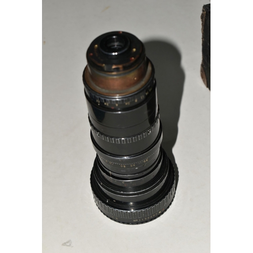 426 - A BOXED VINTAGE ANGENIEUX CAMERA LENS a zoom type 10 x 12 b No. 1152297 1:2.2 with five Leech colour... 