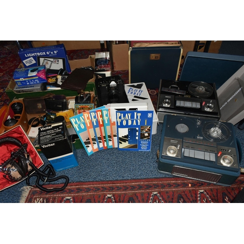 428 - TWO BOXES AND LOOSE MIXED AUDIO AND VISUAL EQUIPMENT to include a Chinon CE-3 Memotron fitted with a... 