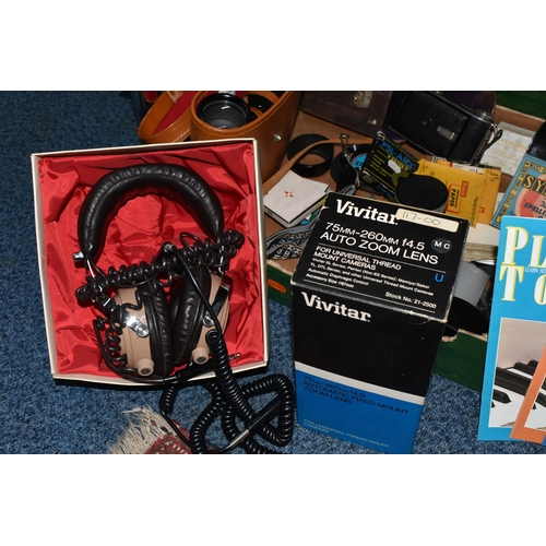 428 - TWO BOXES AND LOOSE MIXED AUDIO AND VISUAL EQUIPMENT to include a Chinon CE-3 Memotron fitted with a... 