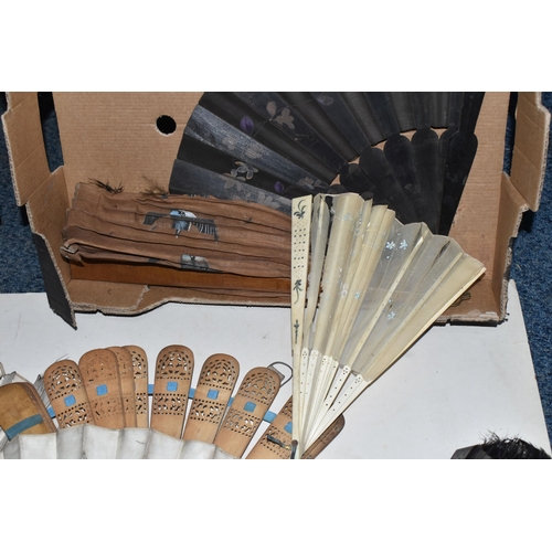 430 - A BOX OF VINTAGE HANDHELD FANS comprising thirteen different fans comprising various materials used ... 