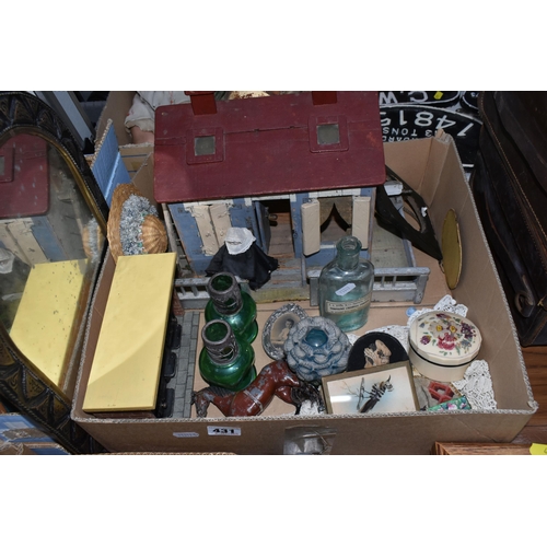 431 - ONE BOX AND LOOSE MISCELLANEOUS ITEMS to include two framed butterfly specimens comprising one mount... 