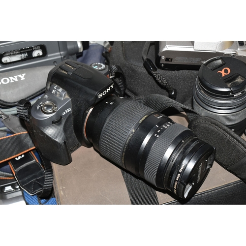 433 - A BOX OF CAMERAS AND ACCESSORIES to include a Sony a330 camera fitted with a Jessop 62mm circular po... 