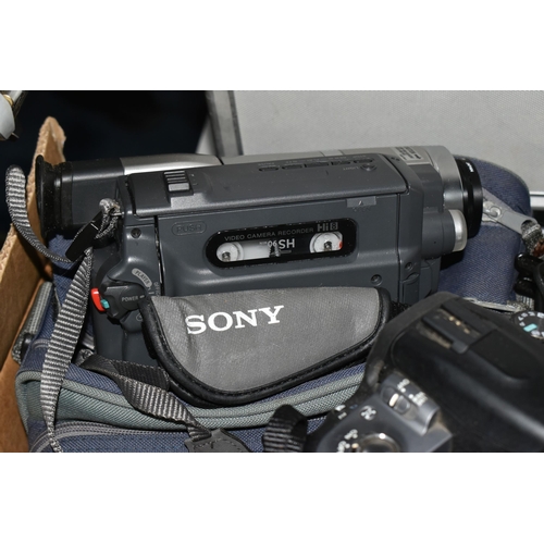 433 - A BOX OF CAMERAS AND ACCESSORIES to include a Sony a330 camera fitted with a Jessop 62mm circular po... 