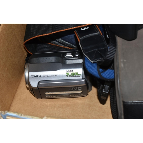 433 - A BOX OF CAMERAS AND ACCESSORIES to include a Sony a330 camera fitted with a Jessop 62mm circular po... 