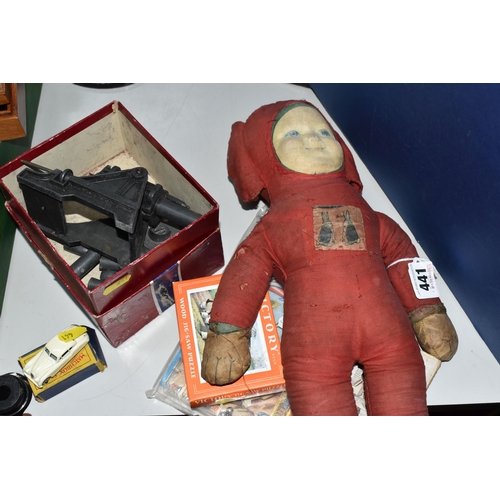 441 - A GROUP OF VINTAGE CHILDREN'S TOYS to include a well-worn rag doll with Tru Shu written on the foot,... 