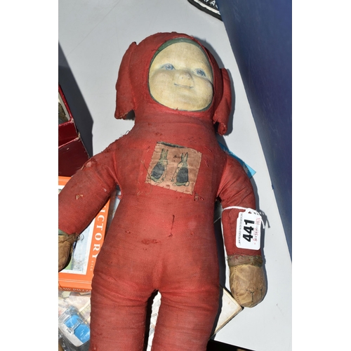 441 - A GROUP OF VINTAGE CHILDREN'S TOYS to include a well-worn rag doll with Tru Shu written on the foot,... 