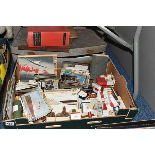 450 - A BOX, A SUITCASE AND LOOSE POSTCARDS, CIGARETTE CARDS, BOOKS AND SUNDRY ITEMS, to include a small q... 