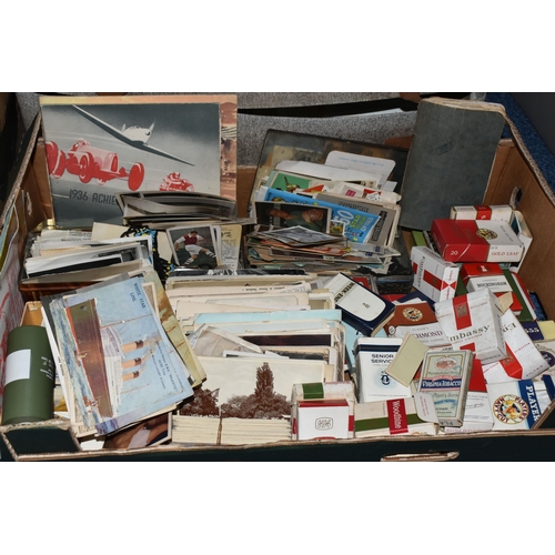 450 - A BOX, A SUITCASE AND LOOSE POSTCARDS, CIGARETTE CARDS, BOOKS AND SUNDRY ITEMS, to include a small q... 