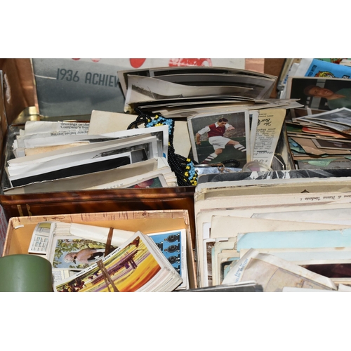 450 - A BOX, A SUITCASE AND LOOSE POSTCARDS, CIGARETTE CARDS, BOOKS AND SUNDRY ITEMS, to include a small q... 