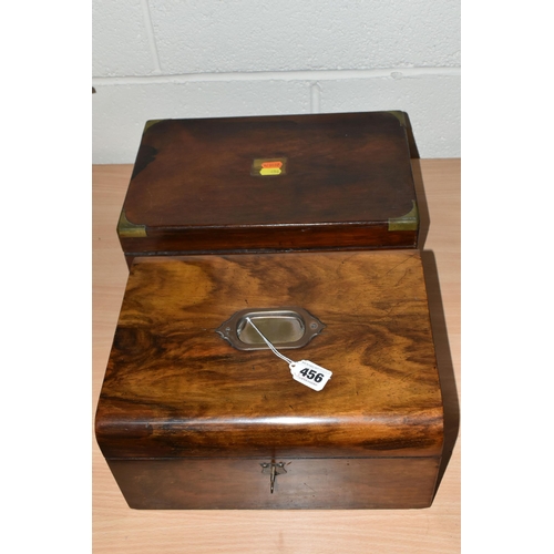 456 - TWO VICTORIAN WRITING BOXES, one has a key and gilt metal handle in the lid, the other has brass fit... 