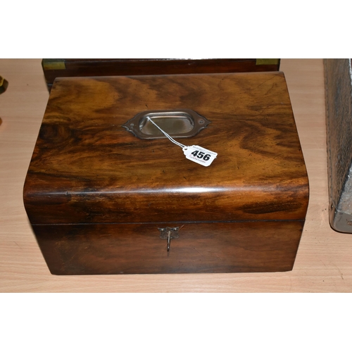 456 - TWO VICTORIAN WRITING BOXES, one has a key and gilt metal handle in the lid, the other has brass fit... 