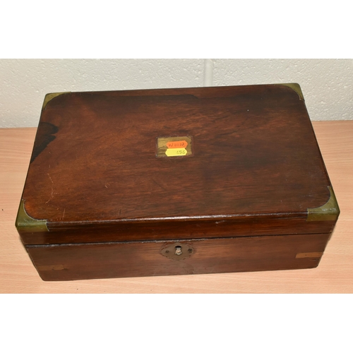 456 - TWO VICTORIAN WRITING BOXES, one has a key and gilt metal handle in the lid, the other has brass fit... 