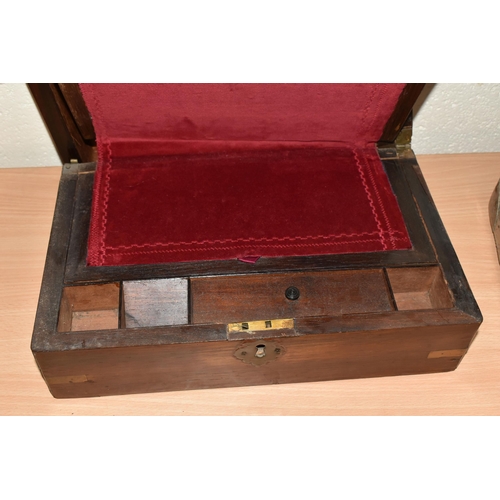 456 - TWO VICTORIAN WRITING BOXES, one has a key and gilt metal handle in the lid, the other has brass fit... 