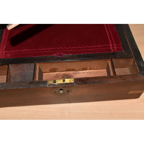 456 - TWO VICTORIAN WRITING BOXES, one has a key and gilt metal handle in the lid, the other has brass fit... 