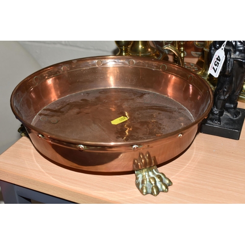 457 - A COLLECTION OF COPPER AND BRASSWARE, comprising an Arts & Crafts hand hammered copper dish with a r... 