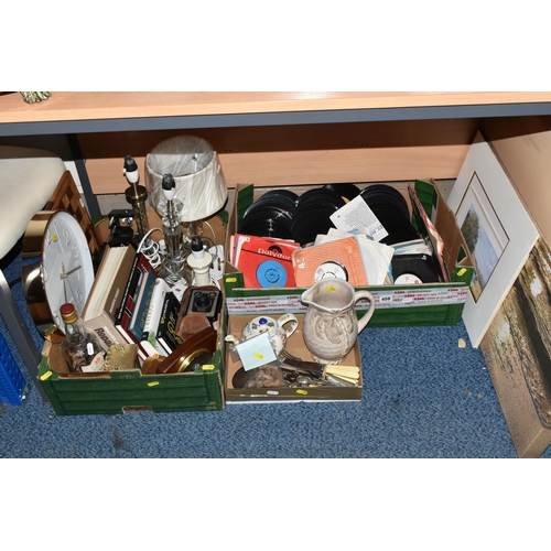 458 - THREE BOXES AND LOOSE MISCELLANEOUS SUNDRIES, comprising a modern cream bedroom chair, a Beswick Pal... 