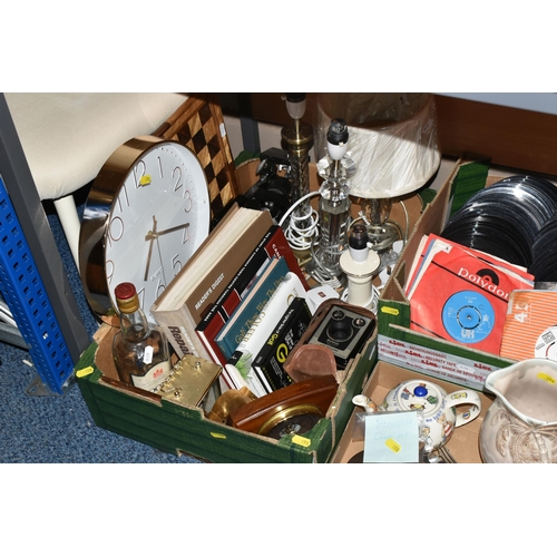 458 - THREE BOXES AND LOOSE MISCELLANEOUS SUNDRIES, comprising a modern cream bedroom chair, a Beswick Pal... 