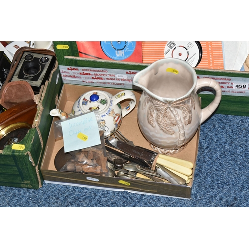 458 - THREE BOXES AND LOOSE MISCELLANEOUS SUNDRIES, comprising a modern cream bedroom chair, a Beswick Pal... 