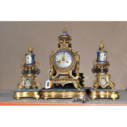 460 - AN ANTIQUE FRENCH GILT METAL MANTEL CLOCK AND GARNITURE SET, the mantel clock has a hand painted por... 