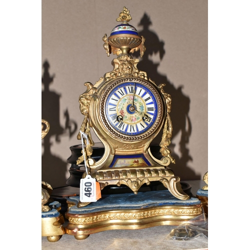 460 - AN ANTIQUE FRENCH GILT METAL MANTEL CLOCK AND GARNITURE SET, the mantel clock has a hand painted por... 