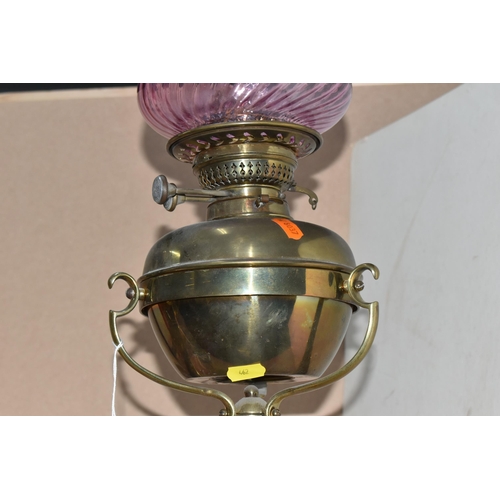 462 - ANTIQUE BRASS DUPLEX OIL LAMP AND CEILING LIGHT, Duplex Evere No.3 Everd & Co. brass oil lamp with c... 