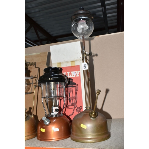 463 - A GROUP OF VINTAGE LANTERNS, to include a brass vintage Tilly lamp, with Pyrex brand 182 shade, indu... 