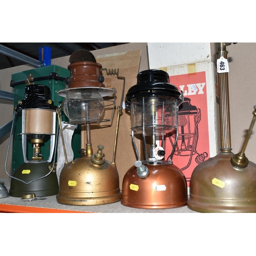 463 - A GROUP OF VINTAGE LANTERNS, to include a brass vintage Tilly lamp, with Pyrex brand 182 shade, indu... 