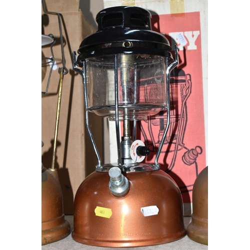 463 - A GROUP OF VINTAGE LANTERNS, to include a brass vintage Tilly lamp, with Pyrex brand 182 shade, indu... 