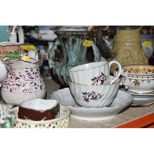 465 - A QUANTITY OF CERAMIC JUGS, PLATES, TEACUPS AND SAUCERS ETC. mostly 19th century, to include William... 