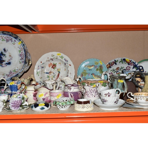 465 - A QUANTITY OF CERAMIC JUGS, PLATES, TEACUPS AND SAUCERS ETC. mostly 19th century, to include William... 