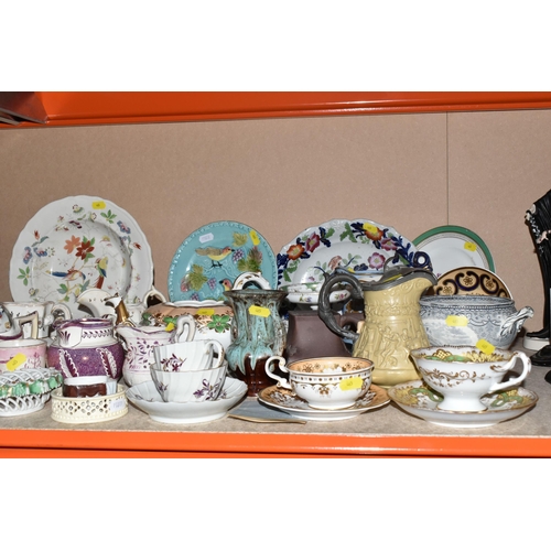 465 - A QUANTITY OF CERAMIC JUGS, PLATES, TEACUPS AND SAUCERS ETC. mostly 19th century, to include William... 