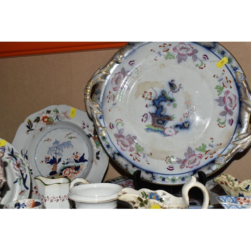 465 - A QUANTITY OF CERAMIC JUGS, PLATES, TEACUPS AND SAUCERS ETC. mostly 19th century, to include William... 