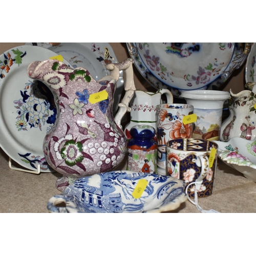 465 - A QUANTITY OF CERAMIC JUGS, PLATES, TEACUPS AND SAUCERS ETC. mostly 19th century, to include William... 