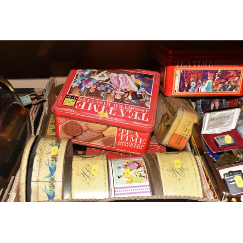 468 - THREE BOXES AND LOOSE METALWARE AND SUNDRIES, to include approximately twenty five vintage tins with... 