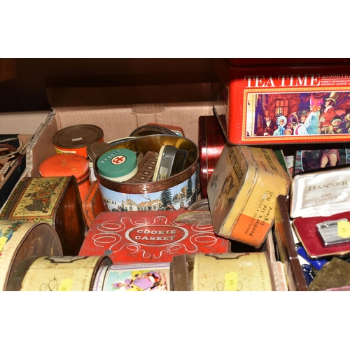 468 - THREE BOXES AND LOOSE METALWARE AND SUNDRIES, to include approximately twenty five vintage tins with... 