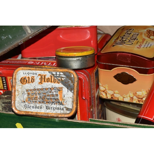 468 - THREE BOXES AND LOOSE METALWARE AND SUNDRIES, to include approximately twenty five vintage tins with... 