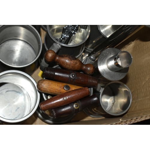 470 - THREE BOXES OF METALWARE, a box with copper items to include four plant pots, set of four small vint... 