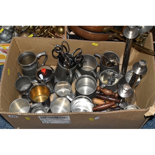 470 - THREE BOXES OF METALWARE, a box with copper items to include four plant pots, set of four small vint... 