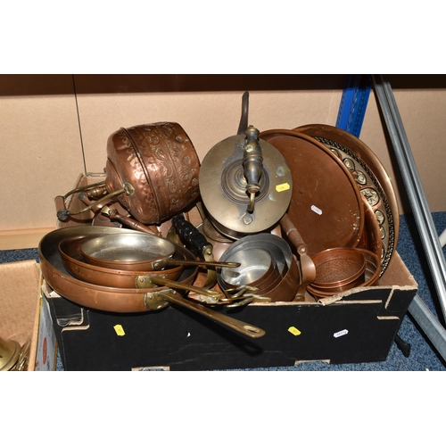 470 - THREE BOXES OF METALWARE, a box with copper items to include four plant pots, set of four small vint... 