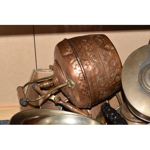 470 - THREE BOXES OF METALWARE, a box with copper items to include four plant pots, set of four small vint... 