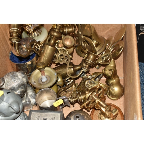 470 - THREE BOXES OF METALWARE, a box with copper items to include four plant pots, set of four small vint... 