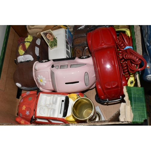 480 - THREE BOXES AND LOOSE ASSORTED NOVELTY CAR THEMED ITEMS to include three of ceramic tealight holders... 