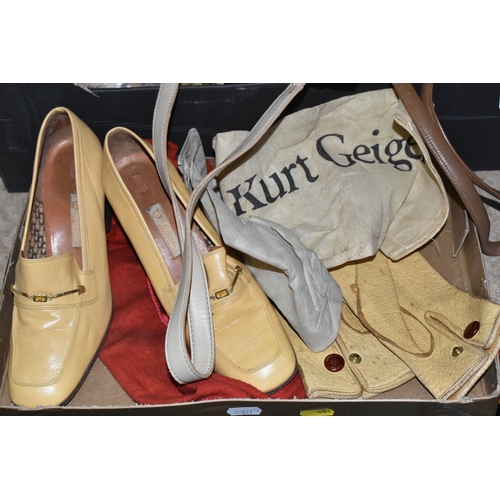 481 - A BOX AND LOOSE VINTAGE WOMEN'S ACCESSORIES to include a pair of Gucci heels with manufacturers labe... 